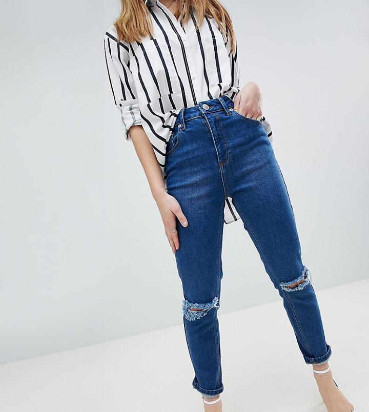 Asos Design Petite Farleigh High Waist Slim Mom Jeans In Bonnie Wash With Super Wide Busted Knee - Blue