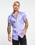 Asos Design Skinny Satin Shirt In Lilac Floral Jacquard-purple