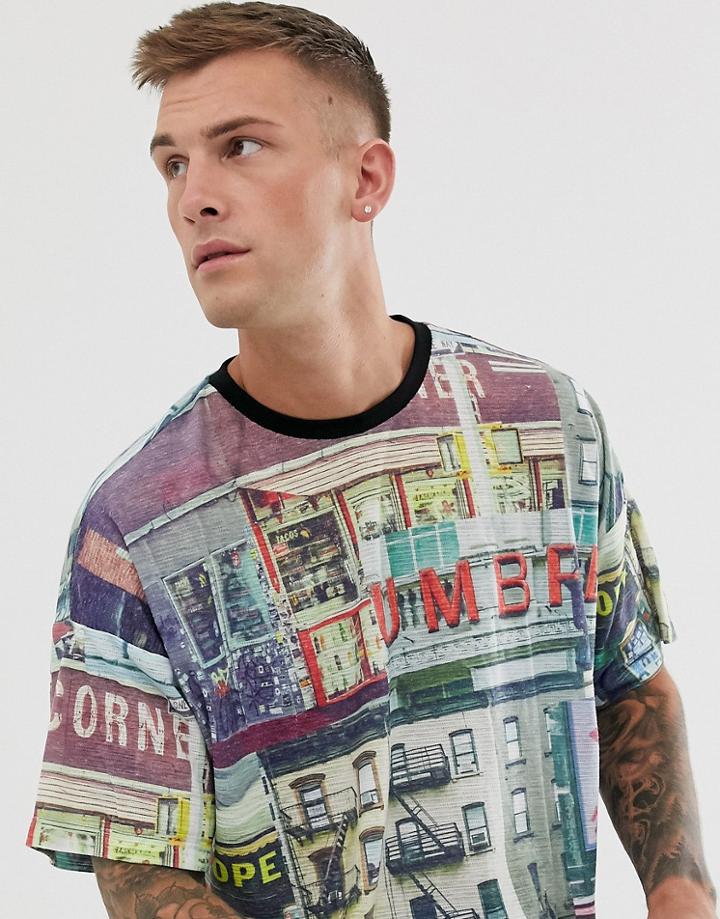 Asos Design Oversized T-shirt With Photographic Print In Linen Mix-multi
