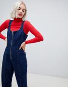 Asos Design Denim Jumpsuit With Zip In Indigo - Blue