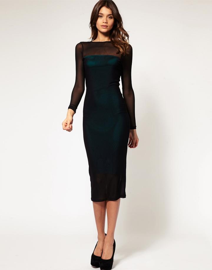 Asos Midi Dress With Mesh Overlay - Black