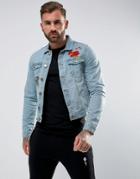 Rose London Denim Jacket With Floral Embroidery - Blue