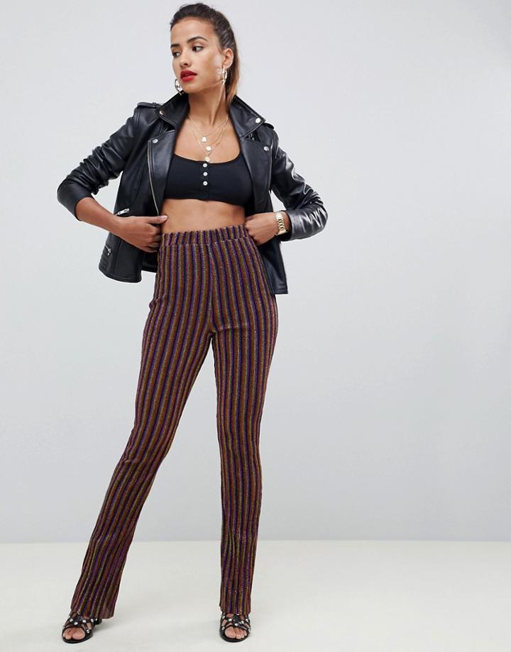 Asos Design Flare Pants In Glitter Rainbow Stripe - Multi