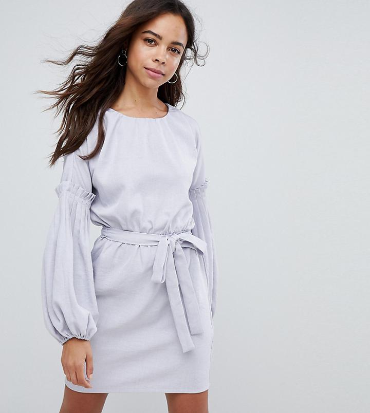 Lost Ink Petite Tie Waist Dress With Extreme Sleeve - Gray