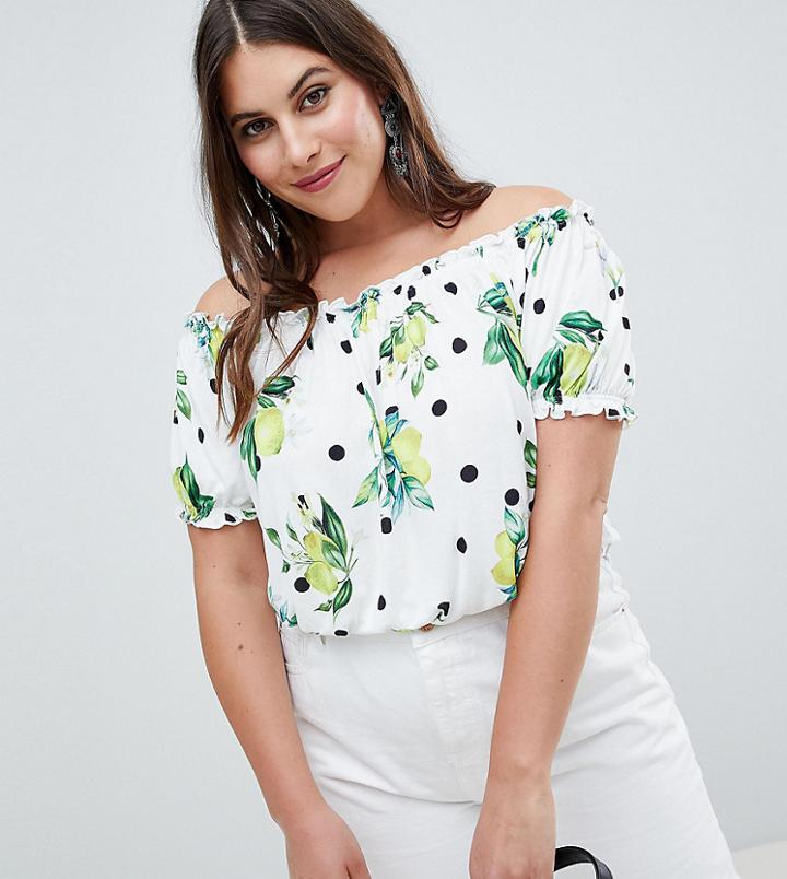 Asos Design Curve Off Shoulder Top In Lemon Polka Dot - Multi