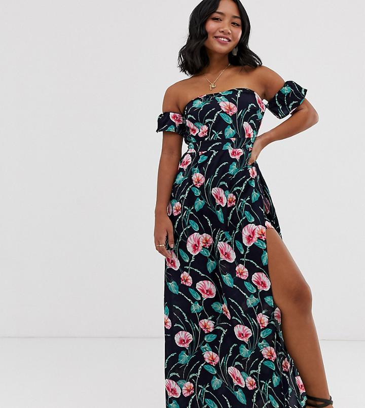 Parisian Petite Off Shoulder Maxi Dress In Navy Floral Print