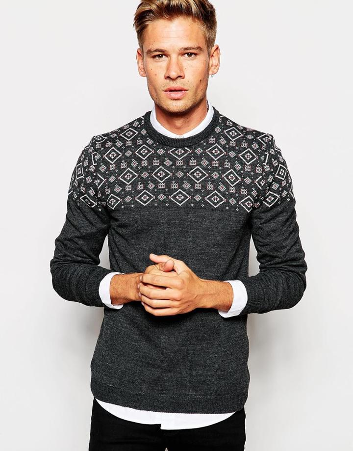 Asos Sweater In Twist With Geo-tribal Design - Charcoal