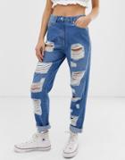 Parisian High Waisted Jeans With Extreme Distressing Detail - Blue