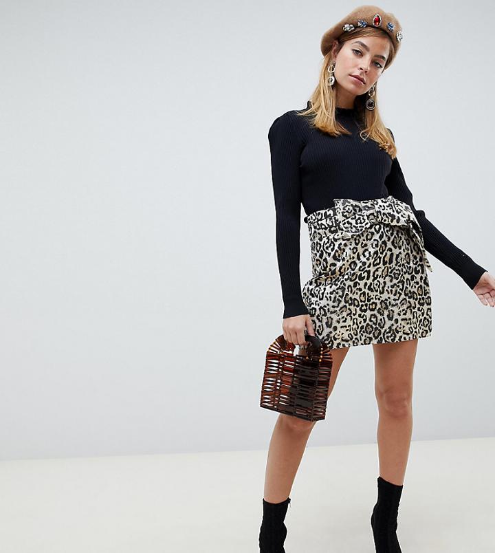 Lost Ink Petite Mini Skirt With Bow Tie Waist In Leopard Print-multi
