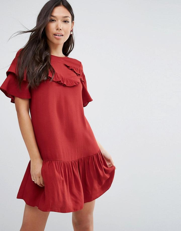 Asos Short Sleeve Drop Waist Dress With Ruffles - Red