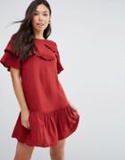 Asos Short Sleeve Drop Waist Dress With Ruffles - Red