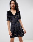 Asos Design Embroidered Velvet Button Through Tea Dress - Black
