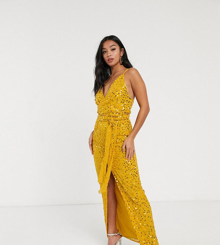 Asos Design Petite Strappy Scatter Sequin Embellished Wrap Maxi Dress-multi