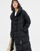 Mango Oversized Longline Zip Front Padded Coat In Black - Multi