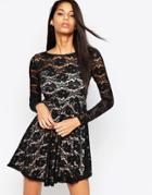 Club L Lace Skater Dress With Long Sleeves - Black Lace