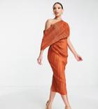 Asos Design Tall Fallen Shoulder Plisse Midi Dress In Cinnamon-multi