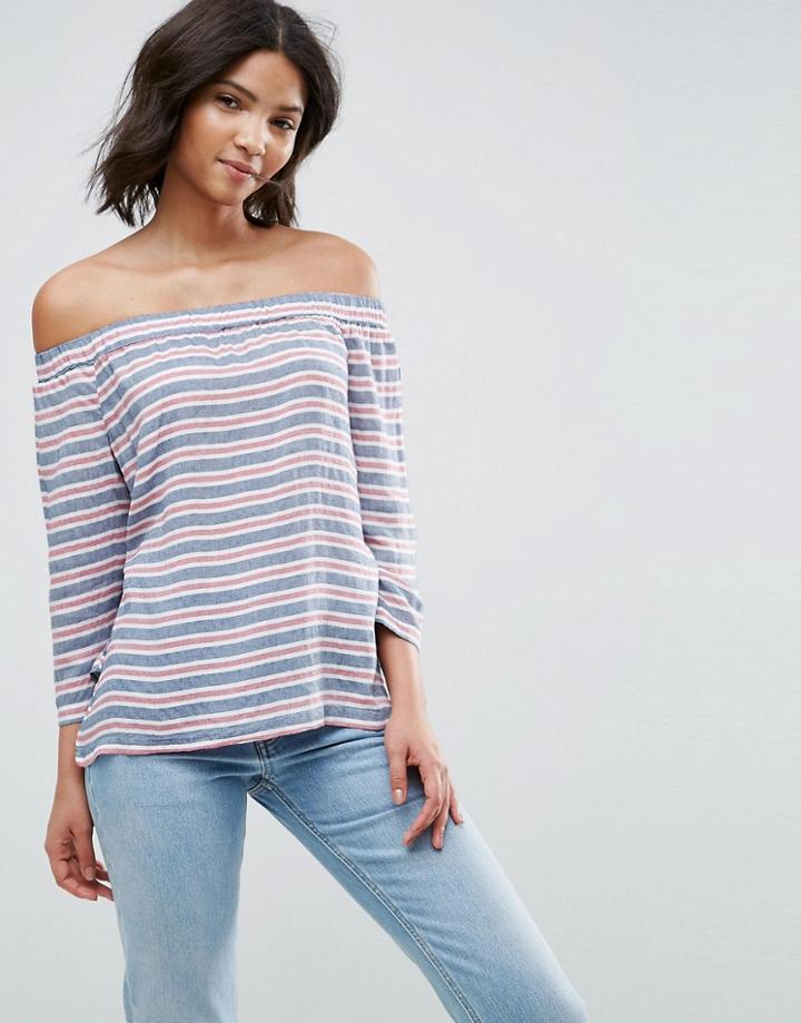 Pieces Flara Off Shoulder Stripey Blouse - Navy