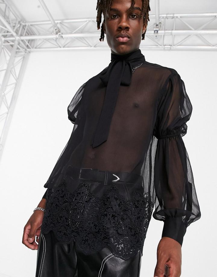 Asos Design Regular Sheer Shirt With Blouson Sleeve And Lace-black