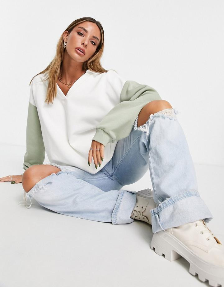 Topshop Color Block Polo In Khaki And White-green