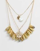 Asos Design Multirow Necklace With Faux Shells And Vintage Style Cut Out Coin Pendant In Gold Tone