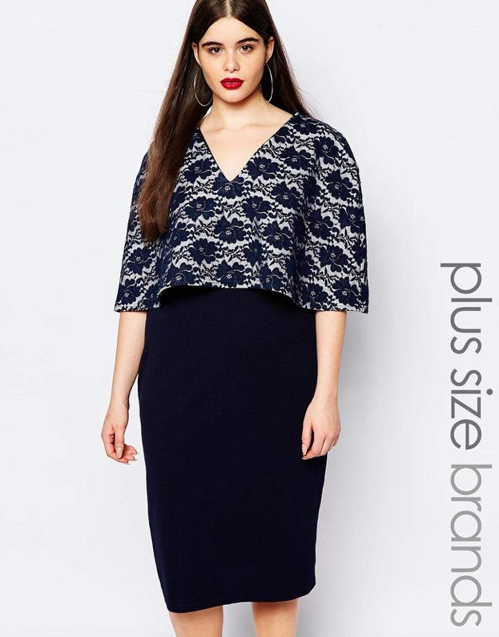 Club L Plus Midi Dress With Lace Cape - Navy
