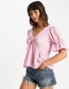 Asos Design Ruched Front Peplum Top With Puff Sleeve In Blush-no Color