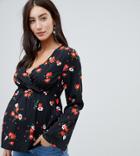 Influence Maternity Wrap Front Floral Blouse With Flared Sleeves - Black