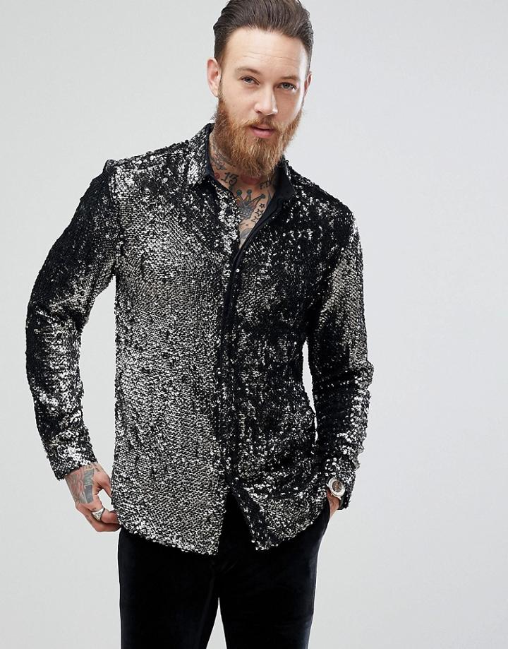 Asos Regular Fit Sequin Shirt In Silver - Silver