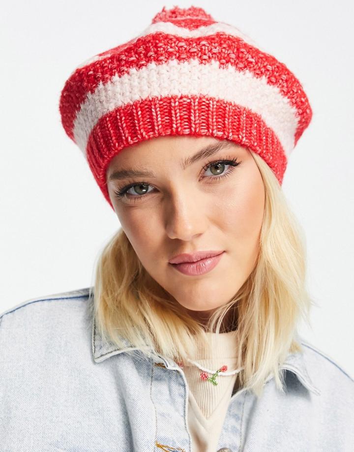 Monki Recycled Polyester Pom Beret Hat In Pink And Red Stripe-multi