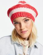 Monki Recycled Polyester Pom Beret Hat In Pink And Red Stripe-multi