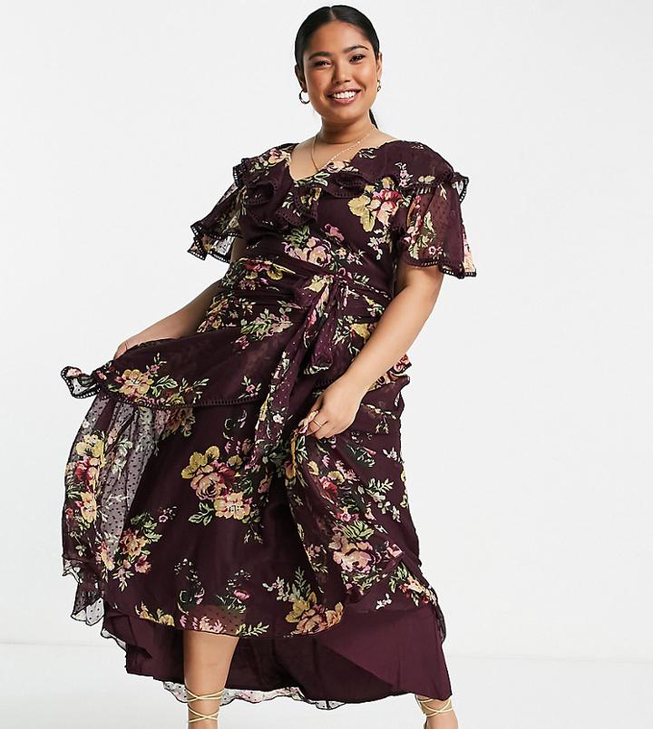 Asos Design Curve Drape Detail Midi Dress In Textureed Chiffon With Tie Detail In Floral Print-multi