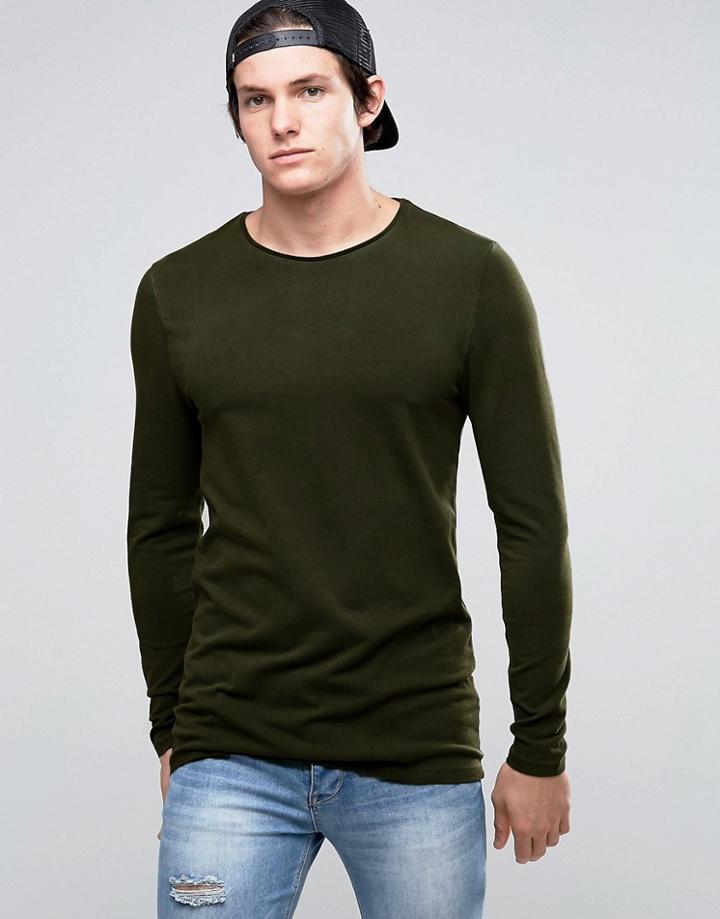 Asos Longline Muscle Long Sleeve T-shirt With Pigment Wash In Khaki -