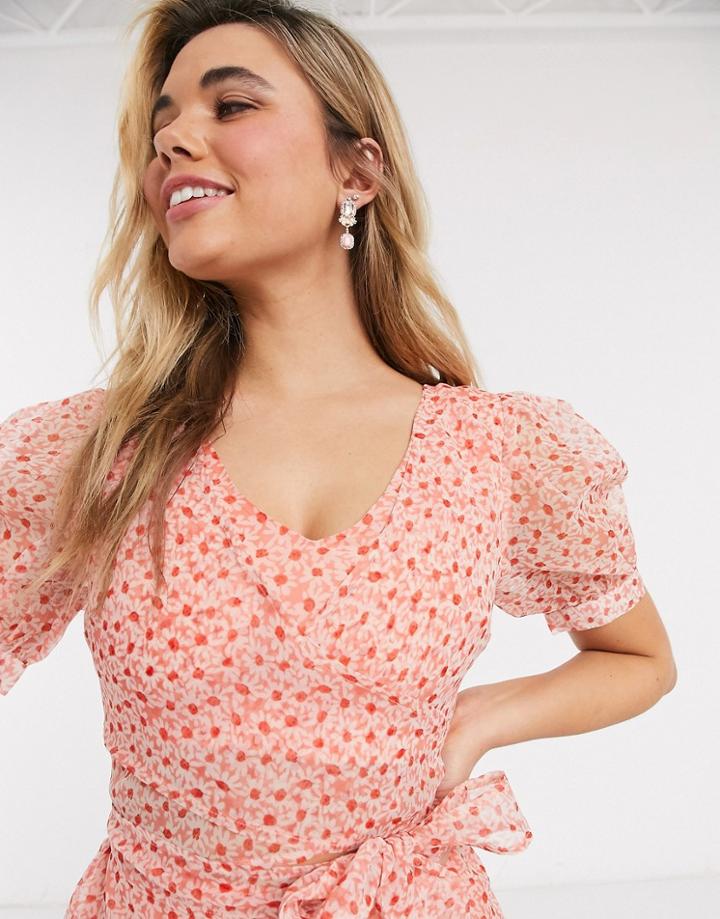 Asos Design Ditsy Floral Organza Mini Dress With Puff Sleeves And Belt-multi