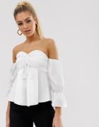 Koco & K Milkmaid Lace Up Front Top With Bell Sleeve In White - White