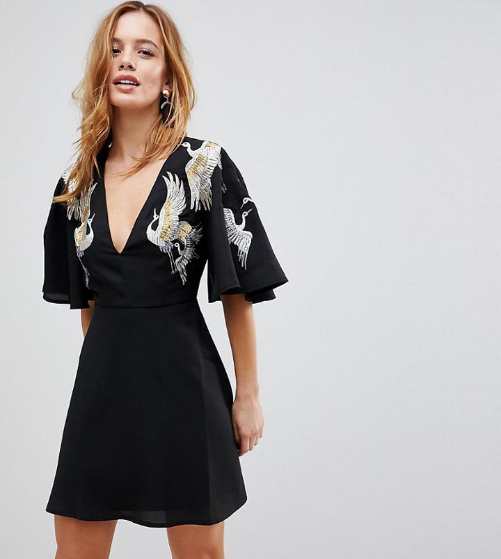 Asos Petite Bird Embroidered Flutter Sleeve Mini Dress - Black