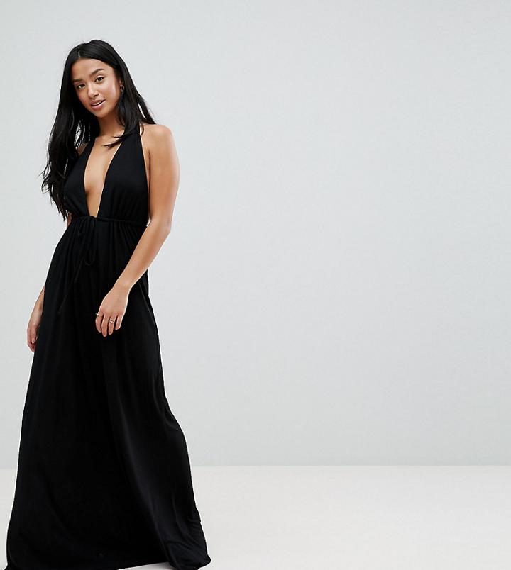 Asos Petite Tie Front Plunge Jersey Maxi Beach Dress - Black