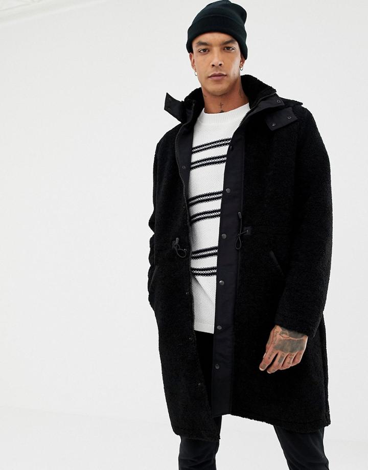 Asos Design Heavyweight Longline Parka In Borg In Black