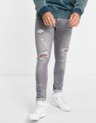 Topman Rip And Repair Paint Splat Stretch Skinny Jeans In Gray
