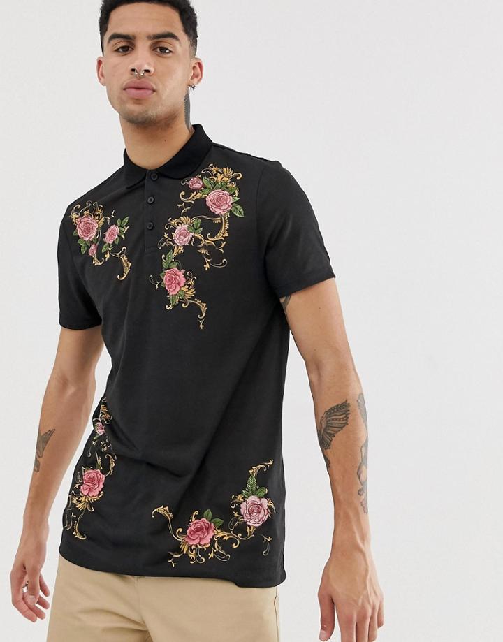 Asos Design Longline Polo With Floral Baroque Print - Black