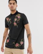 Asos Design Longline Polo With Floral Baroque Print - Black