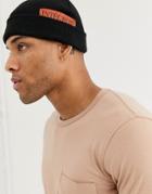 Asos Design Fisherman Beanie In Black With Fabric Badge