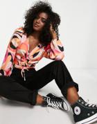 New Look Ruched Front Crop Top In Pink Retro Swirl Print
