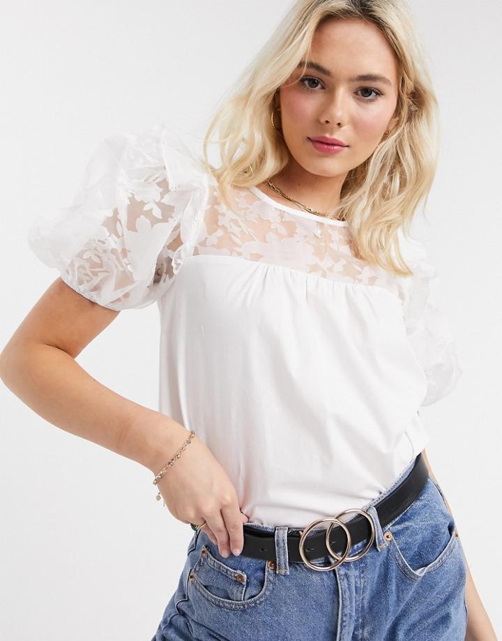 River Island Volume Sleeve Poplin And Mesh Top In White