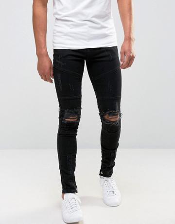 Avior Skinny Distressed Jeans With Biker Detail - Black