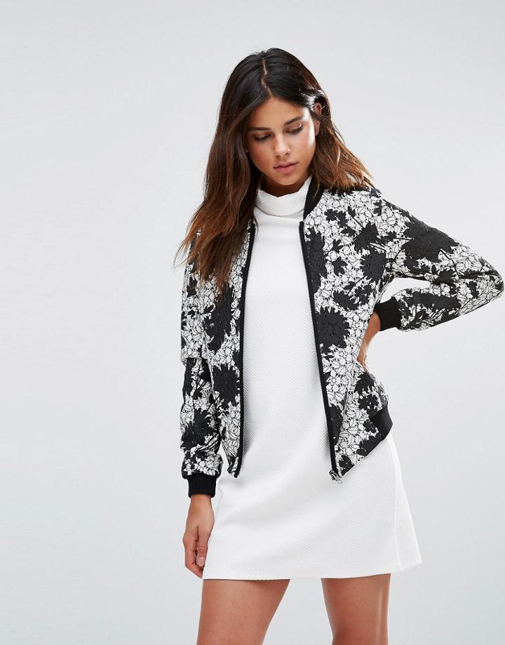 Helene Berman Zip Front Bomber Jacket In Black And White Lace - Multi