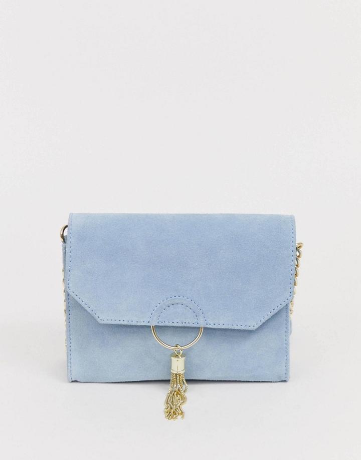 Asos Design Suede Ring And Tassel Cross Body Bag - Blue