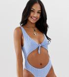 Miss Selfridge Exclusive Swimsuit With Cut Out In Gingham-blue