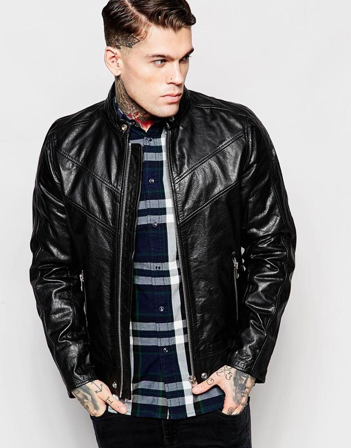 Diesel Leather Biker Jacket L-reed With Brown Chevron In Black - Black
