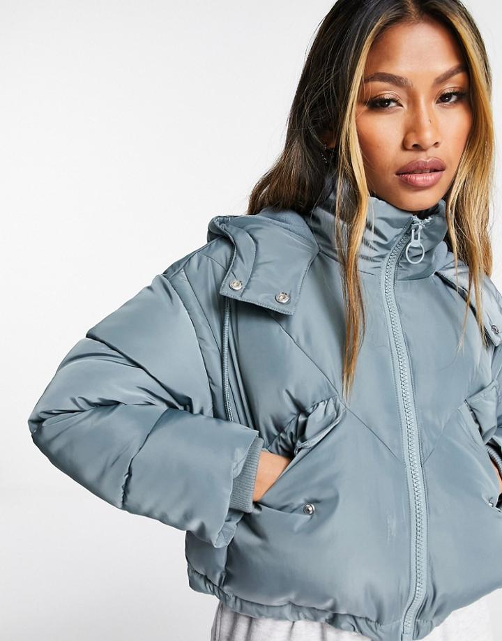 Topshop Padded Crop Puffer Jacket With Hood In Blue-blues