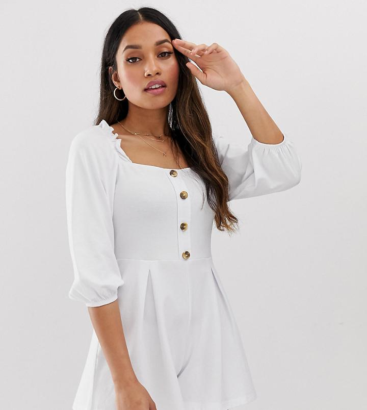 Asos Design Petite Ruffle Square Neck Button Front Romper-white